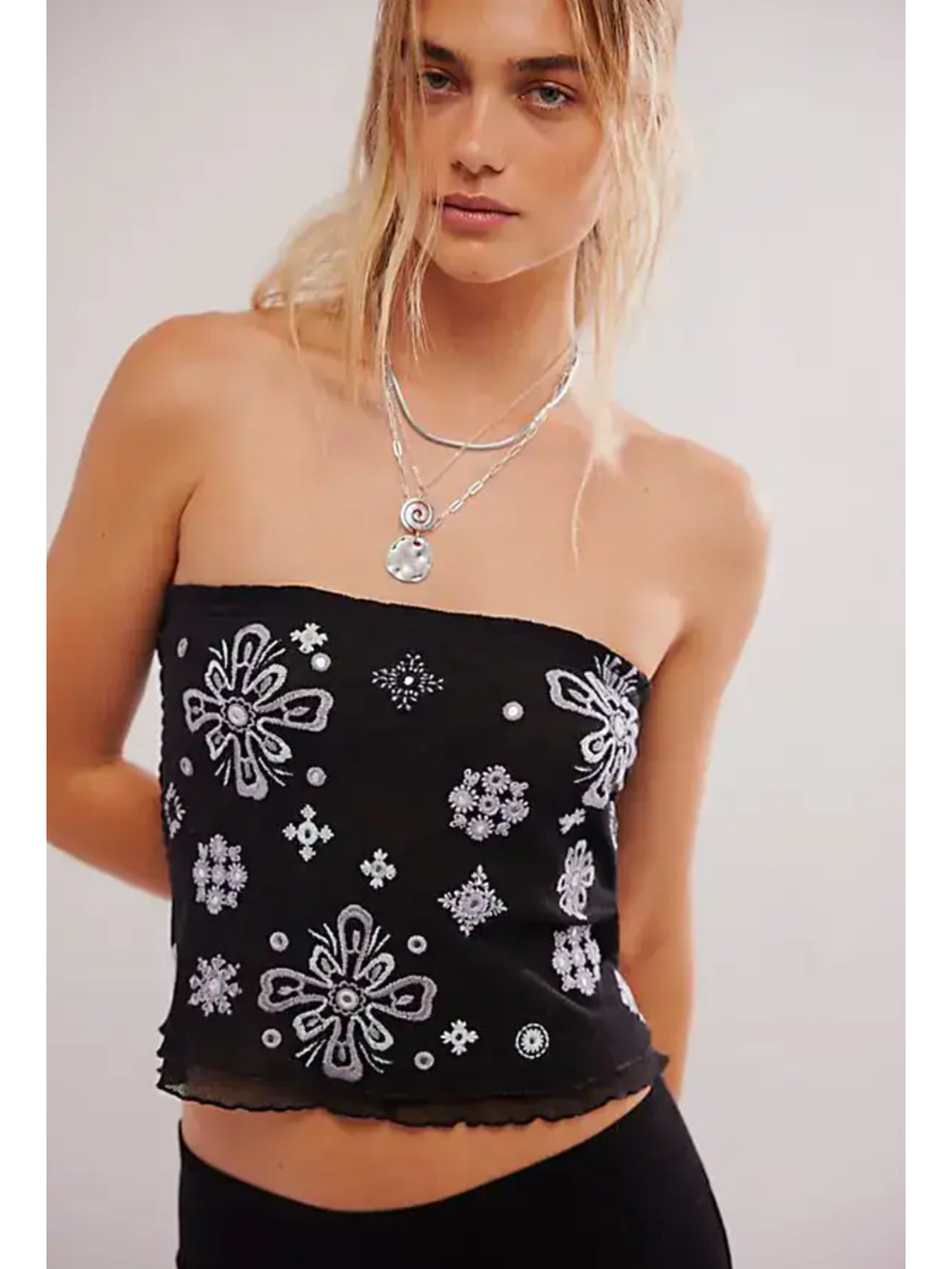 Free People Black Strapless Embroidered Crop Top